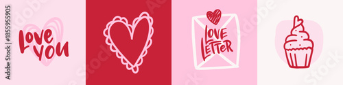 Set of square minimal Valentine's Day cards. Trendy minimalist posters with typography design, heart, love letter, lettering, cupcake for Valentine's Day party, banner, ads, cover, sale, social media.