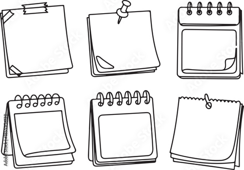 Vector set of sketch notebooks, notepads, and diaries in doodle line art style on a white background