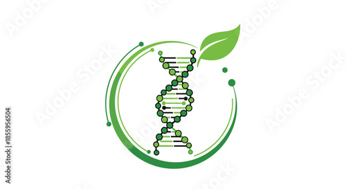 Biotechnology or genetic research logo featuring a green DNA double helix structure enclosed in a circle with a single leaf.