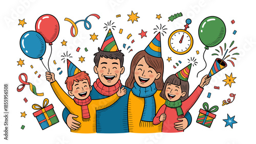 Celebration of Togetherness: A cheerful family stands embraced, their faces alight with smiles as they celebrate a joyful occasion together.