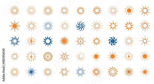 Extensive set of diverse sun icons in orange and blue colors featuring various artistic rays and weather related symbols.
