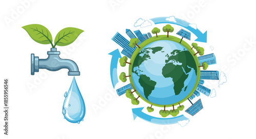 Environmental conservation graphic showing a water faucet dripping onto a plant and a green earth globe with energy icons.
