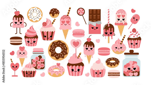 Sweet Treats Galore: A delightful assortment of charming sweets, desserts and pastries adorned with smiling faces, each treat radiating joy and sweetness.