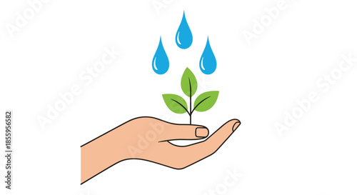 Sustainability concept showing a human hand holding a small green sprout under blue water drops representing growth and care.