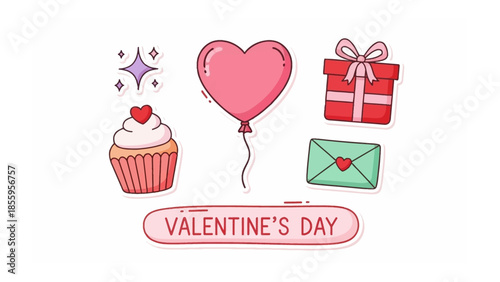 Valentine's Day: A charming Valentine's Day composition features a heart-shaped balloon, delightful cupcake, wrapped gift, sparkling embellishments, and a heartfelt envelope.