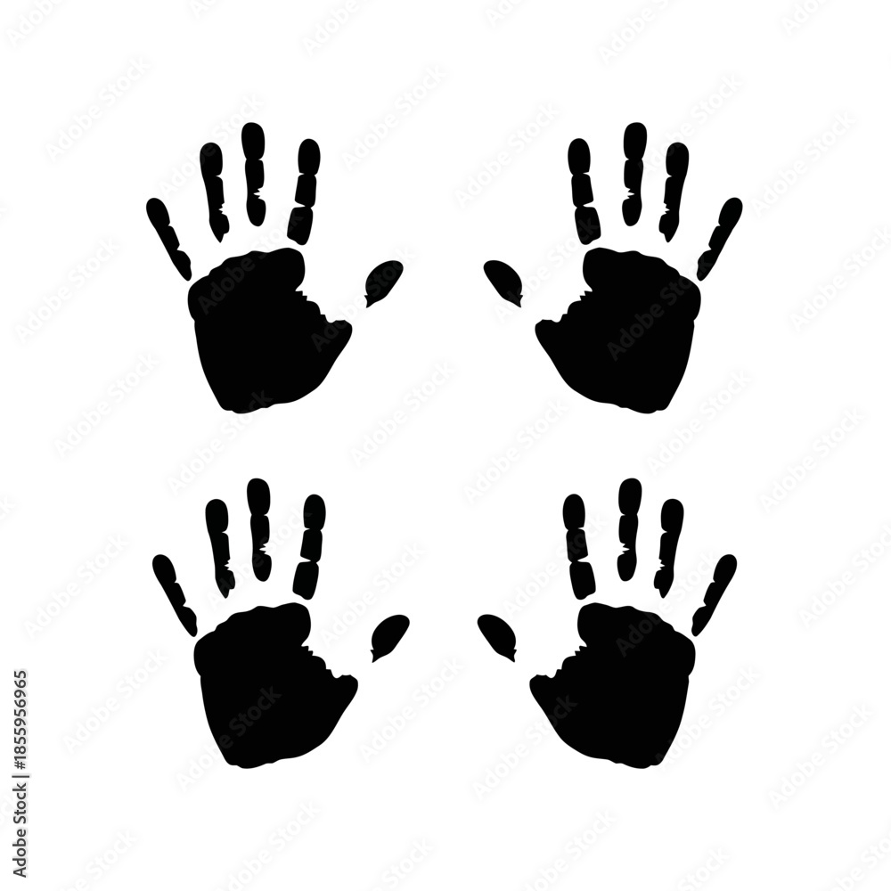 Fototapeta premium A stark visual of four black human handprints, each finger prominently displaying exclamation marks, presented on a clean white background, conveying urgency and a strong message.