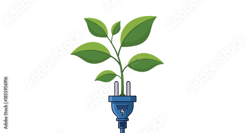 Green plant growing out of a blue electric power plug to symbolize clean renewable energy and environmental conservation efforts.