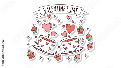 Valentine's Day Delight: A heartwarming illustration featuring two charming teacups filled with love and surrounded by adorable cupcakes and heart-shaped symbols.