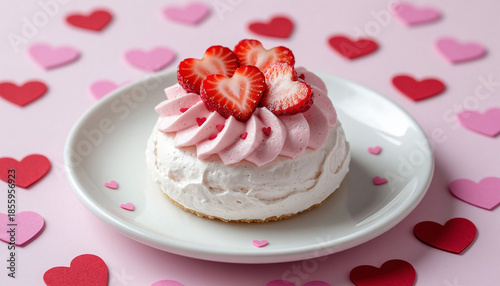Mini pavlovas with pink whipped cream and heart-shaped strawberries on a pink background.