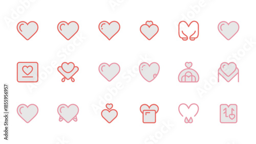 Array of Hearts: A collection of various heart icons, each depicting a unique design in a minimalist style, symbolizing love, care, and affection.