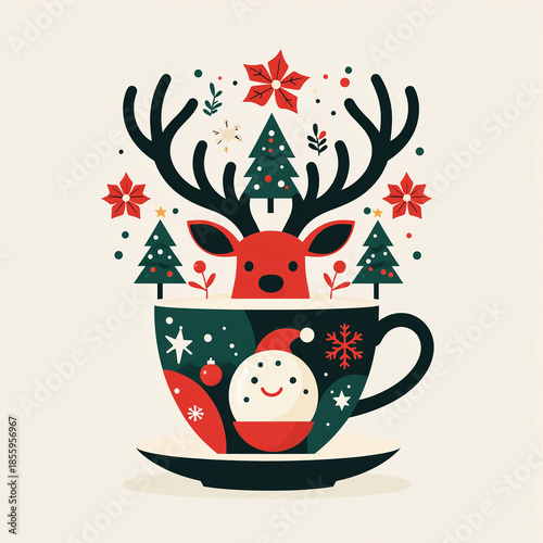 Christmas greeting card with cup of coffee and reindeer. Vector illustration.