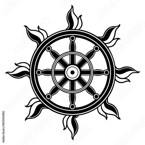 A black and white stylized emblem combining a ship's helm (steering wheel) with eight flame-like extensions radiating from the rim, evoking themes of navigation, control, and fiery energy or transform