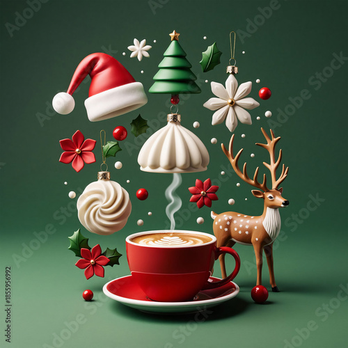 Christmas and New Year background with red cup of coffee and christmas decorations