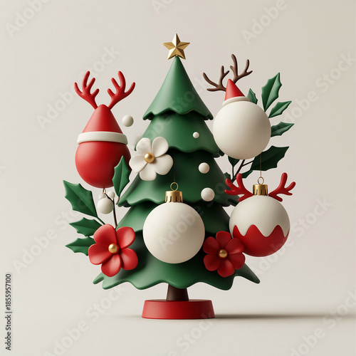 Christmas tree and baubles on white background. 3d rendering