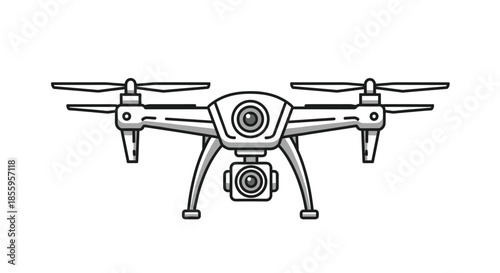Front view of a white quadcopter drone with a camera mounted underneath isolated on a clean white background.