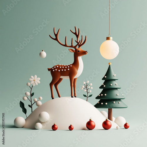 Christmas and New Year 3D illustration. Decorated Christmas tree, deer and balls.