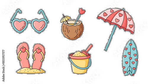 Beach Day Essentials: A vibrant array of summer essentials, including heart-shaped sunglasses, a refreshing coconut drink, a beach umbrella, stylish sandals, a sand bucket, and a surfboard.