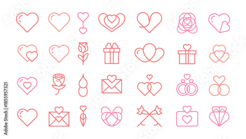 Love's Diverse Expressions: An array of delightful vector icons depicts hearts, roses, and gifts, perfectly capturing the spirit of love and affection.