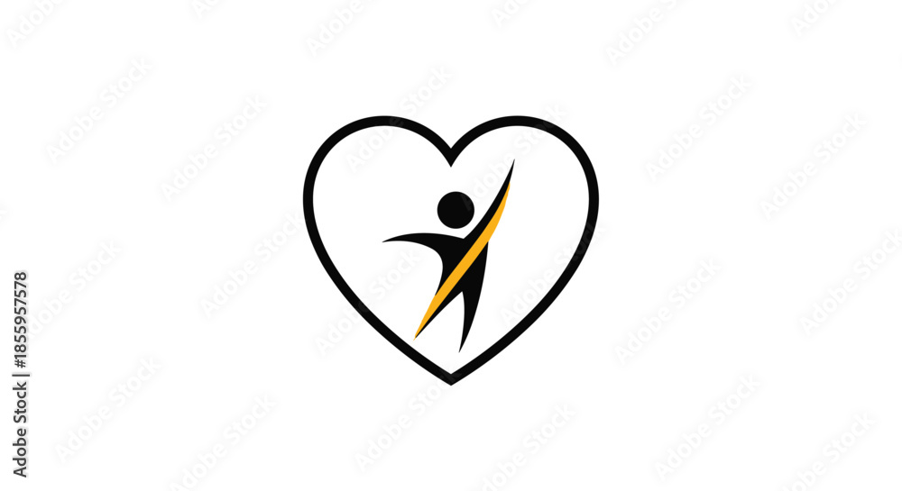 Fototapeta premium Motivational logo depicting a stylized person with one arm raised in triumph placed inside a black heart outline for health.