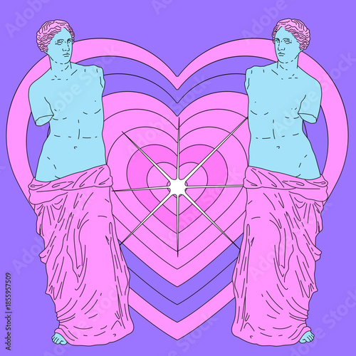 Two mirrored classical Greek statues in turquoise against a vibrant pink and purple concentric heart background. Conceptual vector illustration for themes of love, duality in a bold pop art style.