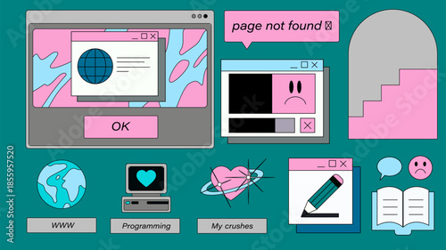 Retro computer windows and icons scattered on a teal background, featuring a "page not found" error, etc. Conceptual vector illustration for themes of 90s internet nostalgia, Y2K aesthetics.