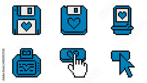 Digital Affection Icons: A set of pixelated icons, each representing a unique digital symbol of affection, from floppy disks to a loving hand and cursor, conveys the essence of digital love.