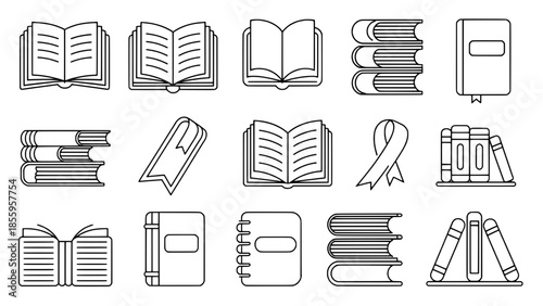 Line art icon set of books and study items: open and closed books, stacked volumes, bookmark, notebook, spiral notebook, backpack, and educational symbols