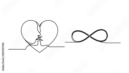 Eternal Embrace: A minimalist line art composition intertwines a passionate kiss within a heart and an infinity symbol, embodying love's timeless essence and infinite potential.