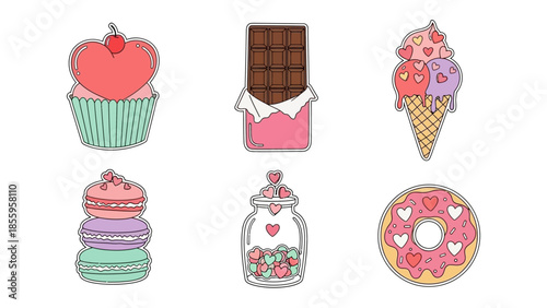 Sweet Temptations: An array of delightful sweets featuring a cupcake, chocolate bar, ice cream cone, macarons, candy jar, and a donut, all designed with loving heart motifs.