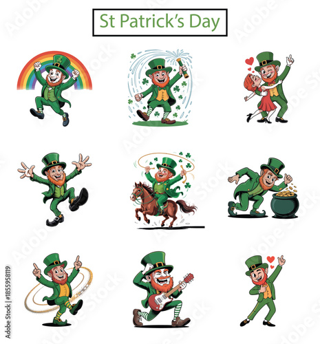 St Patricks Day leprechaun characters celebrating with music, dancing, and gold coins Keywords