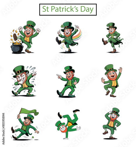 St Patricks Day leprechaun characters dancing and celebrating with gold coins and rainbows
