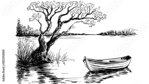 Monochrome ink sketch of a twisted tree by the water with a small boat