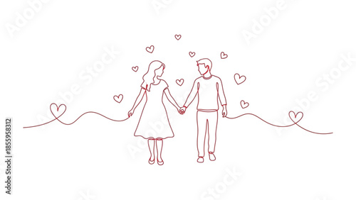 Love's Gentle Embrace: A delicate sketch portrays a couple walking hand-in-hand amidst a constellation of hearts, symbolizing the tenderness of love and companionship.