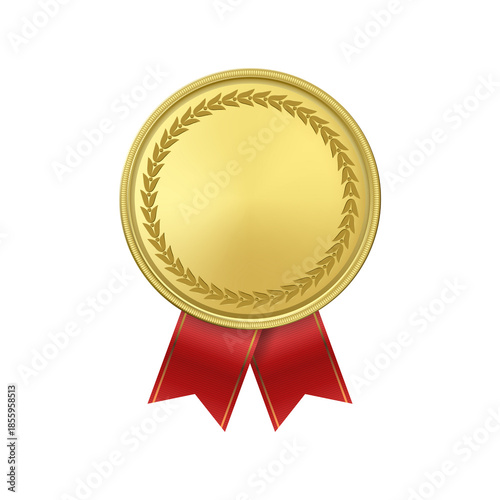 Vector illustration of a first place golden award medal with a red ribbon and seal symbol for a winner achievement prize or success certificate design
