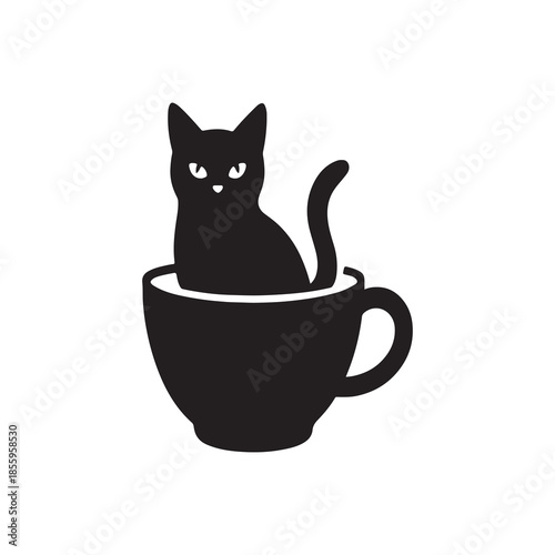 Black cat with cup of coffee and tea illustration