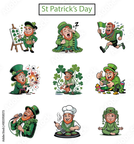 St Patricks Day Leprechaun Characters Set With Shamrocks And Clover Keywords: leprechaun, st