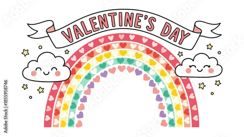 Valentine's Day Rainbow Delight: A vibrant and cheerful Valentine's Day illustration featuring a colorful rainbow adorned with hearts, adorable clouds, and sparkling stars.