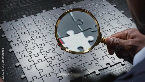 Businessmans Hand Magnifying Glass Over Jigsaw Puzzle with Red Piece.