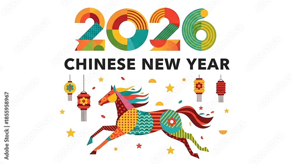 Obraz premium 2026 Chinese New Year Celebration, Horse Symbolism, Festive Graphics, Vibrant Colors, Cultural Art