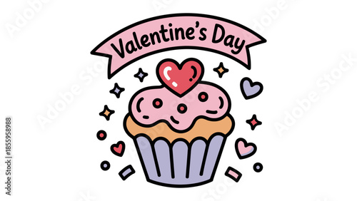 Sweet Valentine's Cupcake: A delightful illustration of a cupcake adorned with a heart-shaped topping and surrounded by sparkling embellishments and hearts, celebrating the day of love.