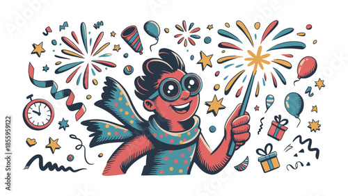 Celebratory Moment: A young boy radiates joy as he celebrates with fireworks and festive decorations, embodying the spirit of a special occasion.