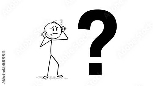 Stick Figure Person Scratching Head Next to Question Mark Symbolizing Confusion on Isolated White Background