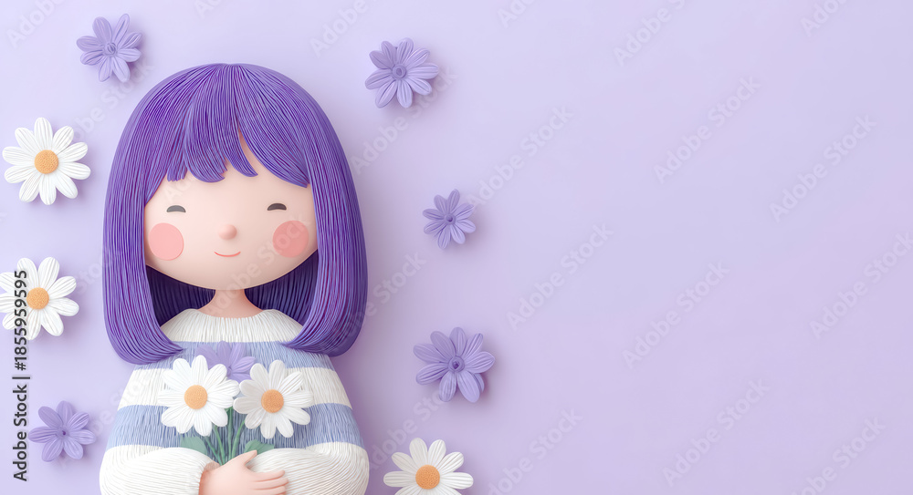 Fototapeta premium An illustration shows a girl holding an open book with purple flowers around her on a plain soft background in a simple flat style.