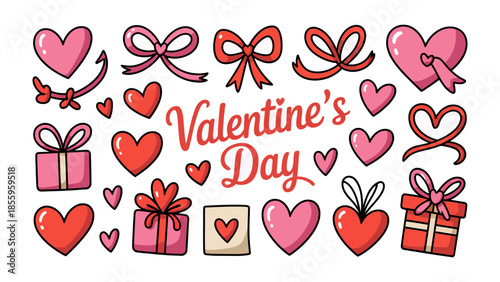 Valentine's Day Elements: A collection of charming Valentine's Day illustrations, including hearts, ribbons, and gifts, evoking feelings of love and affection. 