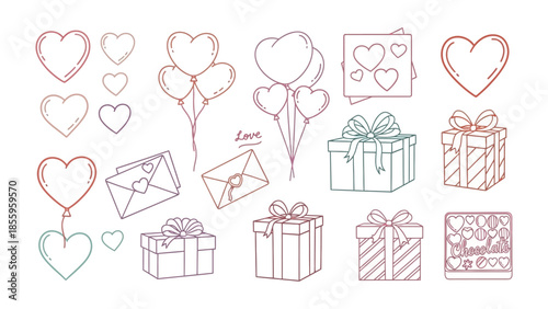 Love Essentials: Hand-drawn outline of Valentine's elements, including hearts, balloons, gifts, and letters. A delicate sketch expressing sentiments of affection, thoughtfulness, and romanticism. 