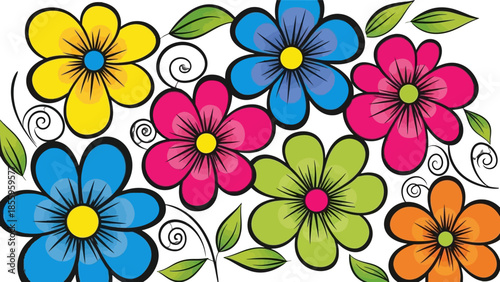 Brightly Colored Daisy Flowers and Green Leaves Pattern on Isolated White Background