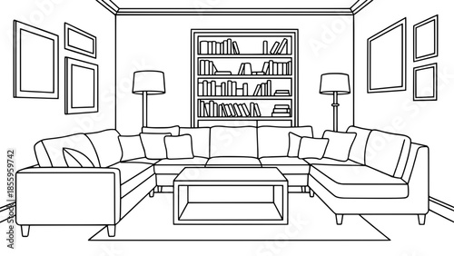 Line-art illustration of a modern living room interior with an L-shaped sofa, coffee table, bookshelf, and framed wall art