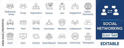 Social Networking Line Icon Set – Outline Community, Collaboration, Teamwork and Professional User Connection Symbols.