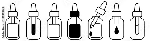 dropper serum bottle skincare line icon set