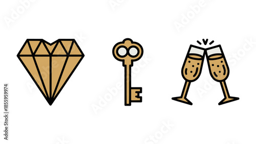 Key to Celebration: Diamond, key, and Champagne glasses arranged for luxury, success and celebration concepts.